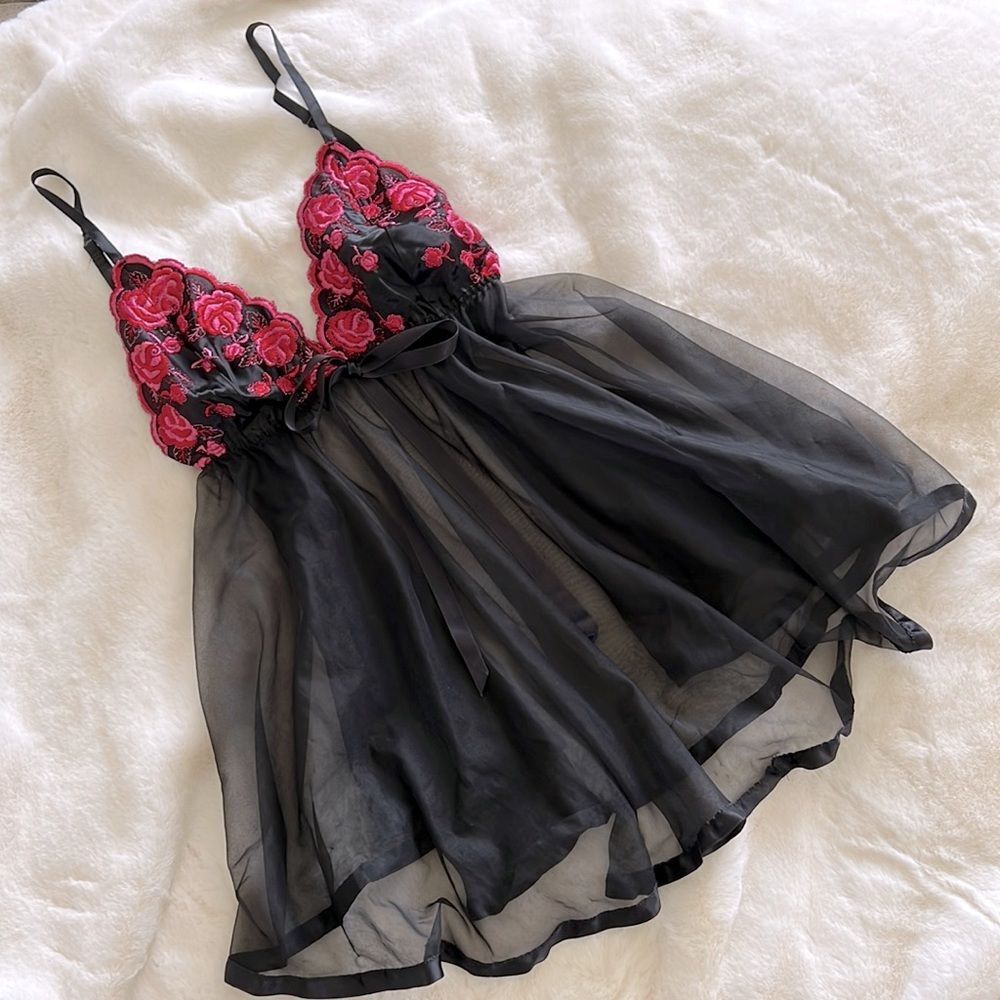 Vintage Y2K black pink floral teddy mini dress L